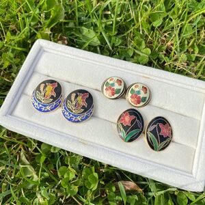 Vintage Cloisonné Floral Flower Clip Earrings Lot of 4 Bundle of 4
